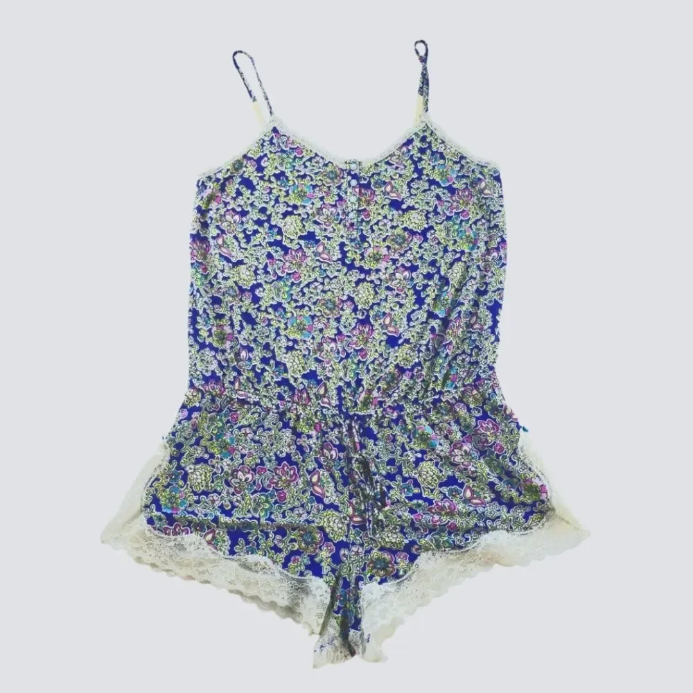 Victoria's Secret Blue Floral Lace Trim Cami Romper‎ Small